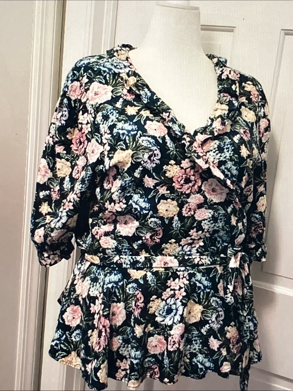 LOFT Black Floral Wrap Peplum Blouse